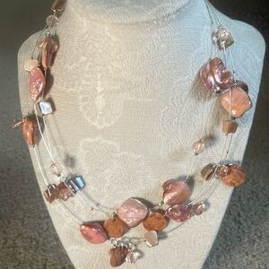 Necklace with 3 strands of shells and pink beads - adjustable lobster clasp NWOT
